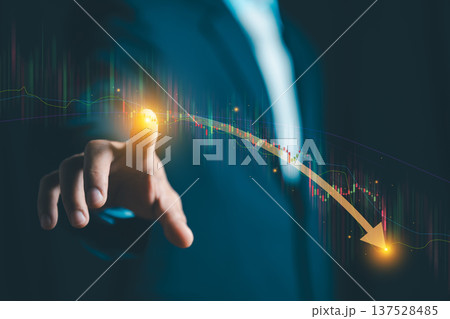 Businessman touching falling stock market chart. Concept of financial crisis, bear market, economic recession and investment loss. 137528485