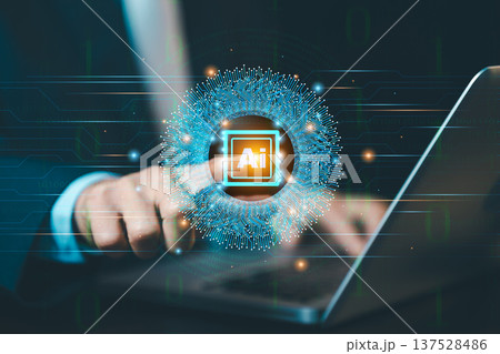 Advanced AI technology concept with circuit brain icon on virtual screen. Digital transformation, machine learning and big data processing. Advanced AI technology concept with circuit brain icon on virtual screen. Digital transformation, machine learning and big data processing. 137528486