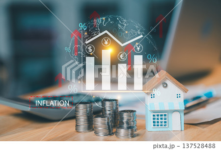 Global inflation and economy concept with rising interest rates, gold bars, coins and financial growth charts on virtual screen. 137528488