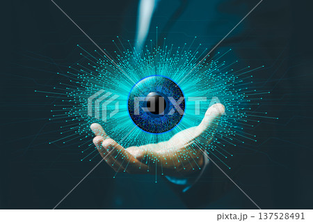 Artificial intelligence eye icon on businessman hand. Concept of biometric scanning, cybersecurity, digital identity and futuristic technology. 137528491