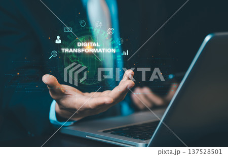 Businessman holding glowing globe with Digital Transformation text. Concept of global business innovation, technology shift, and modern corporate evolution. Businessman holding glowing globe with Digital Transformation text. Concept of global business innovation, technology shift, and modern corporate evolution. 137528501
