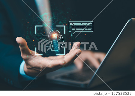 Businessman using AI chatbot on laptop for communication. Concept of generative AI, digital assistant, and smart technology interface in business. Businessman using AI chatbot on laptop for communication. Concept of generative AI, digital assistant, and smart technology interface in business. 137528523