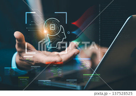 AI head icon with various programming language labels. Concept of software development, coding, artificial intelligence engineering, and tech education. 137528525