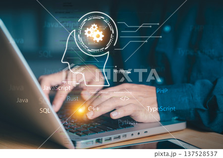 Programmer using laptop with AI head and coding language icons. Concept of automated coding, software development, artificial intelligence in programming, and machine learning. Programmer using laptop with AI head and coding language icons. Concept of automated coding, software development, artificial intelligence in programming, and machine learning. 137528537