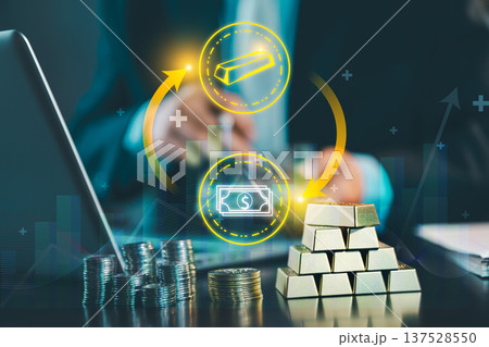 Digital icons showing exchange between cash and gold bars over financial chart. Concept of wealth diversification, asset allocation, currency trading, and investment strategy. 137528550