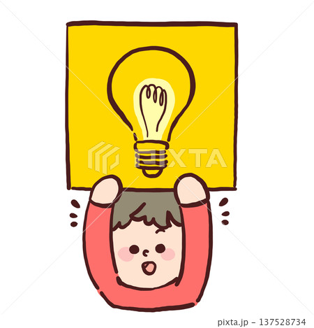 電球マークのボードを掲げる子どものカラーイラスト（アイデア・ひらめき） 137528734