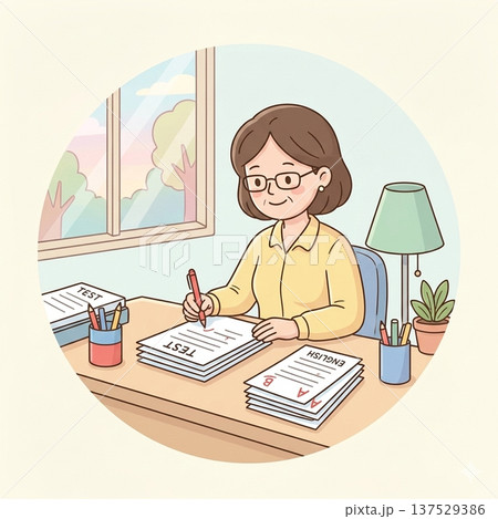 テストの丸付けをする女性教師 137529386