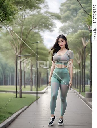 曇天の林中の遊歩道に立つ薄手のスポーツウエアを着た女性（右配置） 137529527
