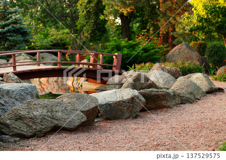 Tranquil Japanese garden with a wooden bridge arching over a serene pond and large rocks 137529575