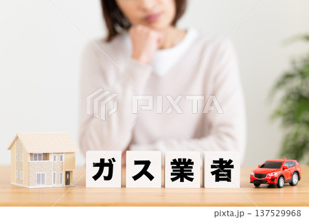 ガス業者のブロックと悩むミドル女性 ガス業者のブロックと悩むミドル女性 137529968