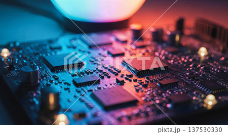 Futuristic electronic circuit board texture with blue and red neon lights for high technology background and digital data processing server concept 137530330