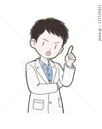 注意点を説明する白衣姿の医療関係者の男性の手書きイラスト素材 137530421