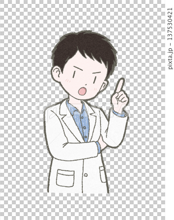注意点を説明する白衣姿の医療関係者の男性の手書きイラスト素材 137530421