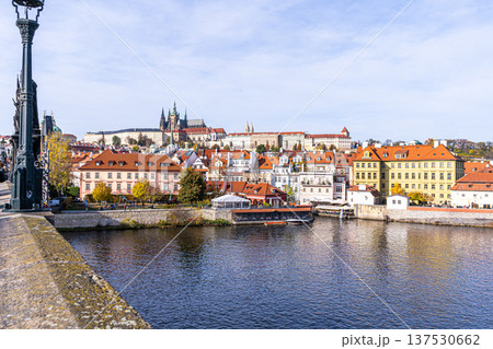 Prague Vltava water River embankment. Charles Bridge Praha Castle Old Town Czech Republic 137530662