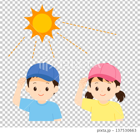 帽子をかぶって暑さ対策をする子どもたち 帽子をかぶって暑さ対策をする子どもたち 137530663
