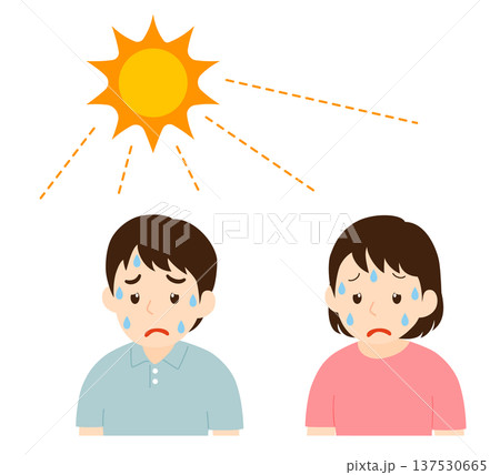 暑さでぐったりする大人の男女と強い日差し 暑さでぐったりする大人の男女と強い日差し 137530665