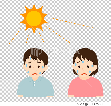 暑さでぐったりする大人の男女と強い日差し 暑さでぐったりする大人の男女と強い日差し 137530665