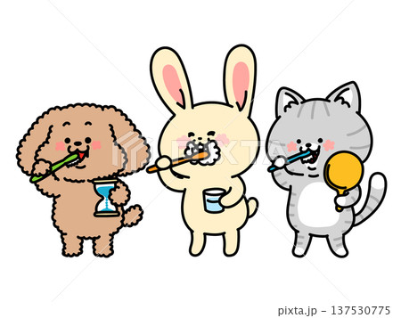こだわりのハミガキスタイルの犬猫兎トリオ 137530775