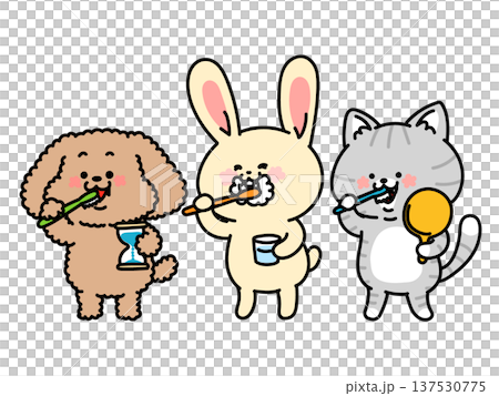 こだわりのハミガキスタイルの犬猫兎トリオ 137530775