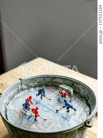 バケツに入った平面の氷で、アイスホッケーをするミニチュアの選手 バケツに入った平面の氷で、アイスホッケーをするミニチュアの選手 137531284