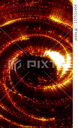 Fiery orange and yellow particle vortex swirling in darkness, glowing dots and sparks forming dynamic spiral energy background 137531404
