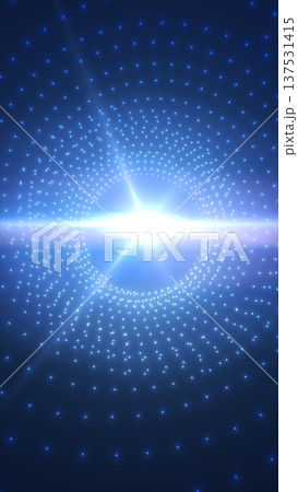 Blue glowing light core surrounded by dotted grid patterns, symbolizing data convergence, artificial intelligence, and futuristic digital systems 137531415