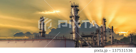Banner Oil refinery gas petrol plant industry with crude tank, gasoline supply chemical factory. Petroleum barrel fuel heavy industry oil refinery manufacturing factory plant on twilight night time Banner Oil refinery gas petrol plant industry with crude tank, gasoline supply chemical factory. Petroleum barrel fuel heavy industry oil refinery manufacturing factory plant on twilight night time 137531536