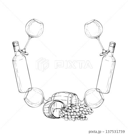 Wreath frame formed by bottles, oak barrels and balloon glasses with grape bunches. Isolated hand drawn ink vector illustration. Wine labels, greeting cards and postcards, stickers, decorative labels Wreath frame formed by bottles, oak barrels and balloon glasses with grape bunches. Isolated hand drawn ink vector illustration. Wine labels, greeting cards and postcards, stickers, decorative labels 137531739