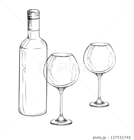 Decorative wine composition with bottle and rounded wine glasses on long stem. Isolated vector illustration hand drawn in ink. Vineyard identity, restaurant menus, wine promotions, packaging visuals. 137531748