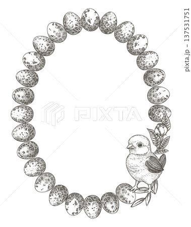 Easter wreath with eggs and cute chick in vintage style. Hand drawn vector decorative festive design. Graphic circle frame for outline art greeting card template. Perfect for spring holiday season. Easter wreath with eggs and cute chick in vintage style. Hand drawn vector decorative festive design. Graphic circle frame for outline art greeting card template. Perfect for spring holiday season. 137531751