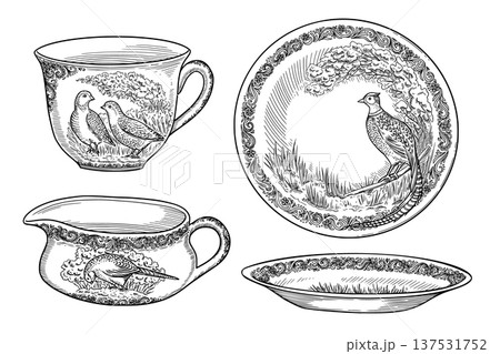 Vintage porcelain dishware set with graceful pheasant motifs. Realistic hand drawn vector outline graphic artwork. Perfect for card design. Ideal for elegant tableware decor and nostalgic holiday art. 137531752