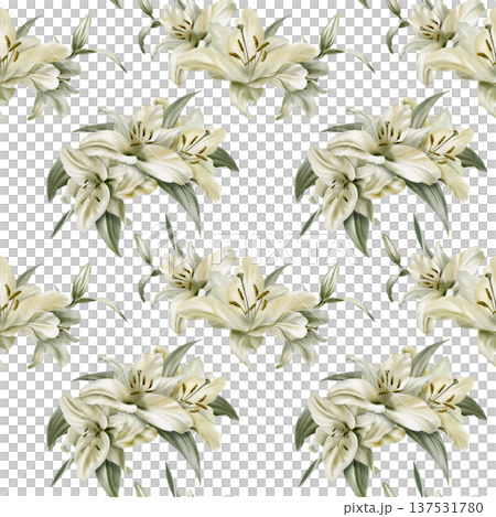 White lilies in seamless pattern in watercolor as a symbol of purity and innocence.Decoration for funeral,wedding,Communion,christening,decoration of religious printed products White lilies in seamless pattern in watercolor as a symbol of purity and innocence.Decoration for funeral,wedding,Communion,christening,decoration of religious printed products 137531780