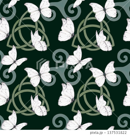 Light green Celtic Trinity Knot unity,Triskele Celtic symbol with white butterfly in seamless pattern,representing ancestral spirits and connection.Watercolor for cultural projects,heritage themes 137531822