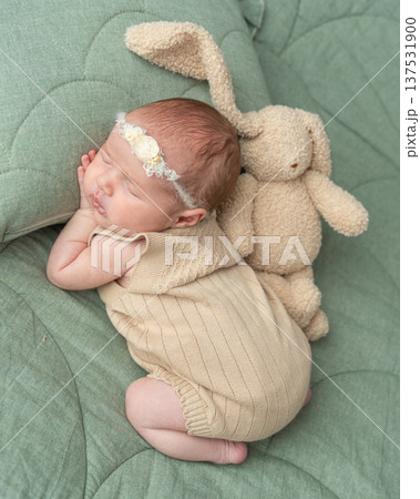 Adorable newborn baby sleeping next to a plush toy. Soft textures, neutral colors, warm light. Ideal for concepts of newborn care, comfort, early childhood and family life Adorable newborn baby sleeping next to a plush toy. Soft textures, neutral colors, warm light. Ideal for concepts of newborn care, comfort, early childhood and family life 137531900