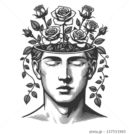 Open Human Head with Blooming Roses rasterのイラスト素材 [137531983] - PIXTA