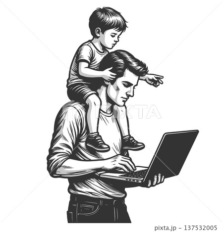 Father Working On Laptop With Child Shoulders Father Working On Laptop With Child Shoulders 137532005