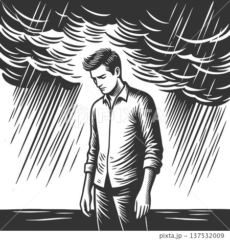 Man Standing Under Heavy Storm Rain vector 137532009