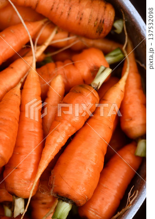 Carrots filling metal bowl photographed from above Carrots filling metal bowl photographed from above 137532098