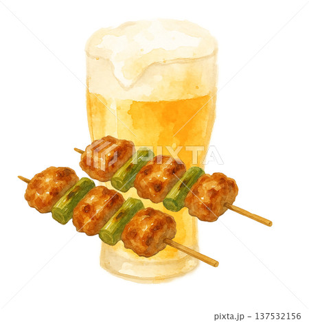 焼き鳥とビールの水彩イラスト 居酒屋グルメと生ビール素材 137532156
