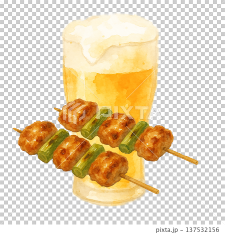 焼き鳥とビールの水彩イラスト 居酒屋グルメと生ビール素材 137532156