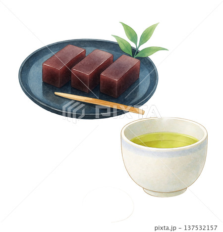 ようかんと緑茶の水彩イラスト 和菓子と日本茶の素材 137532157