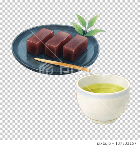 ようかんと緑茶の水彩イラスト 和菓子と日本茶の素材 137532157