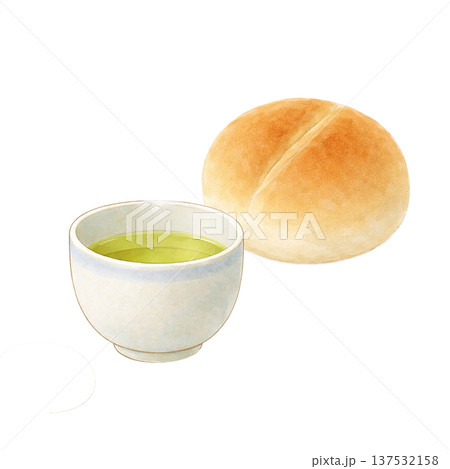パンと緑茶の水彩イラスト シンプルな軽食素材 パンと緑茶の水彩イラスト シンプルな軽食素材 137532158