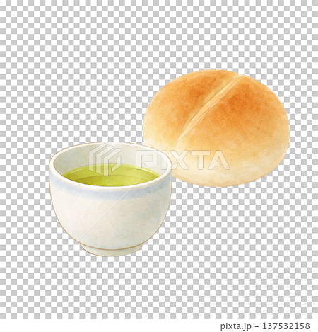 パンと緑茶の水彩イラスト シンプルな軽食素材 パンと緑茶の水彩イラスト シンプルな軽食素材 137532158