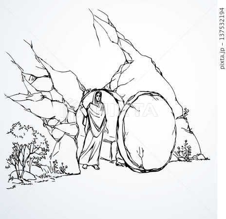 Vector drawing. Person in the cave door Vector drawing. Person in the cave door 137532194