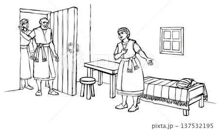 Vector drawing. A woman offers housing to the prophet Elisha. Vector drawing. A woman offers housing to the prophet Elisha. 137532195