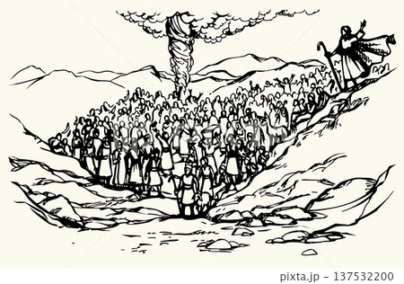 Vector drawing. The people of Israel and the pillar of cloud 137532200