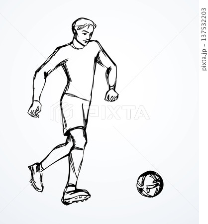 Vector drawing. Strong football player kick the ball Vector drawing. Strong football player kick the ball 137532203