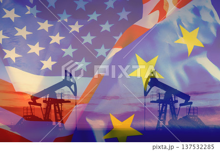 Extraction of petroleum on flags of United States and European Union. Oil Pump Jack at Oil Field. Extraction of petroleum on flags of United States and European Union. Oil Pump Jack at Oil Field. 137532285