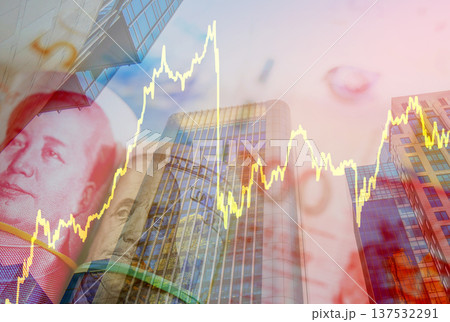 Market trends currency on skyscrapers tower building background. 137532291